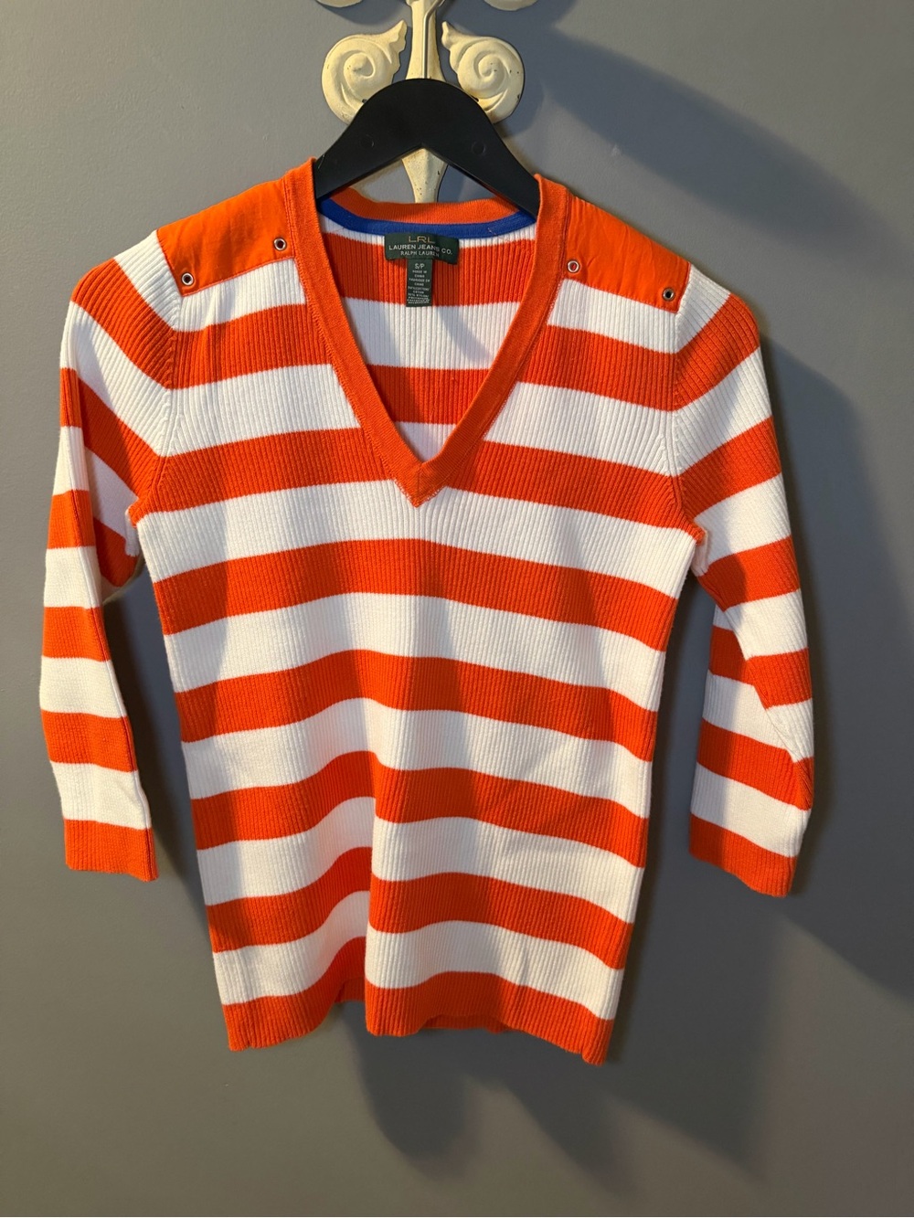 Lauren Ralph Lauren Orange & White Striped V-Neck Pullover